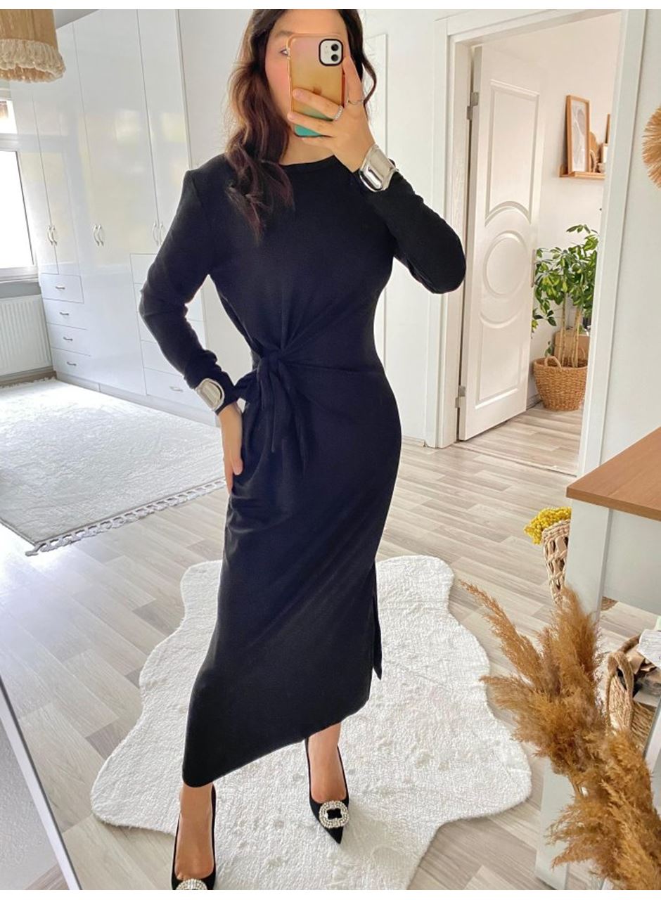 Kadın Uzun Kollu Bisiklet Yaka Belden çapraz Bağlamalı Yandan Yırtmaçlı Uzun Viskon Iki Iplik Elbise