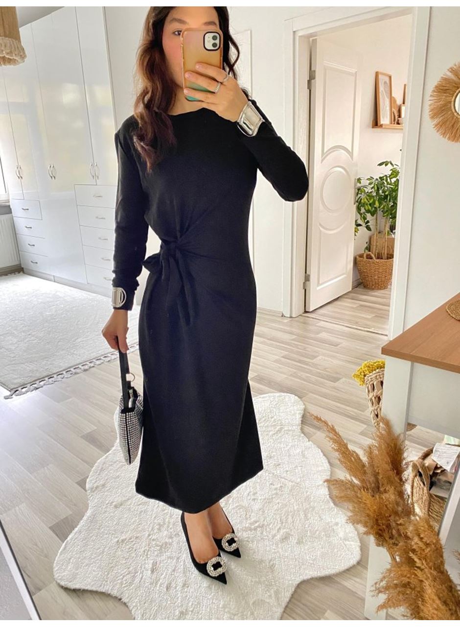 Kadın Uzun Kollu Bisiklet Yaka Belden çapraz Bağlamalı Yandan Yırtmaçlı Uzun Viskon Iki Iplik Elbise