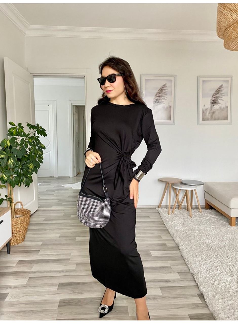 Kadın Uzun Kollu Bisiklet Yaka Belden çapraz Bağlamalı Yandan Yırtmaçlı Uzun Viskon Iki Iplik Elbise