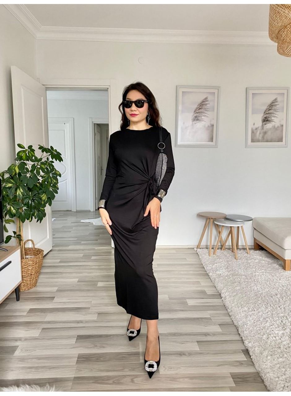 Kadın Uzun Kollu Bisiklet Yaka Belden çapraz Bağlamalı Yandan Yırtmaçlı Uzun Viskon Iki Iplik Elbise