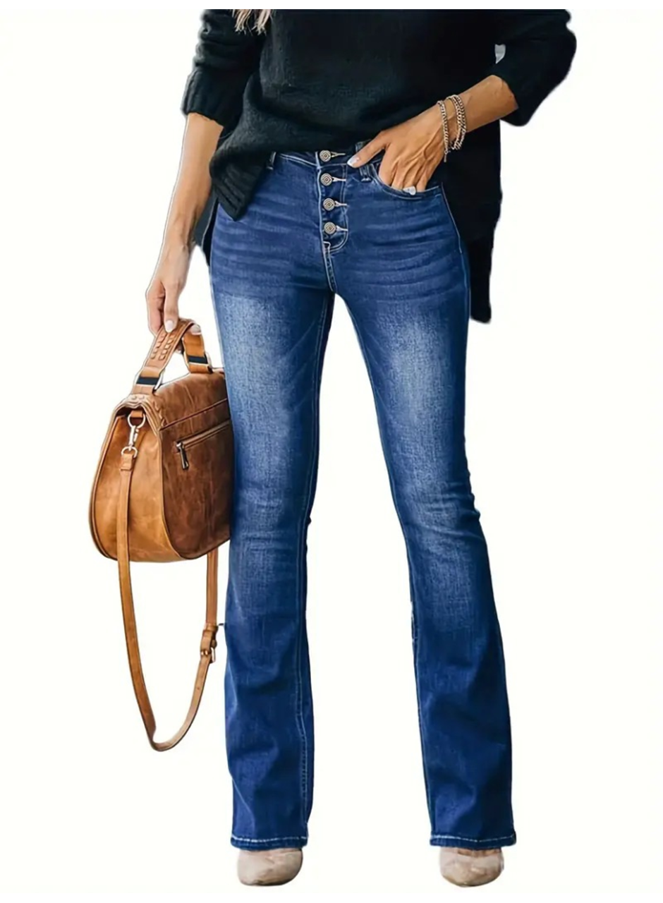 Kadın Yüksek Bel önden Düğmeli Cep Detay Ispanyol Paça Denim Pantolon