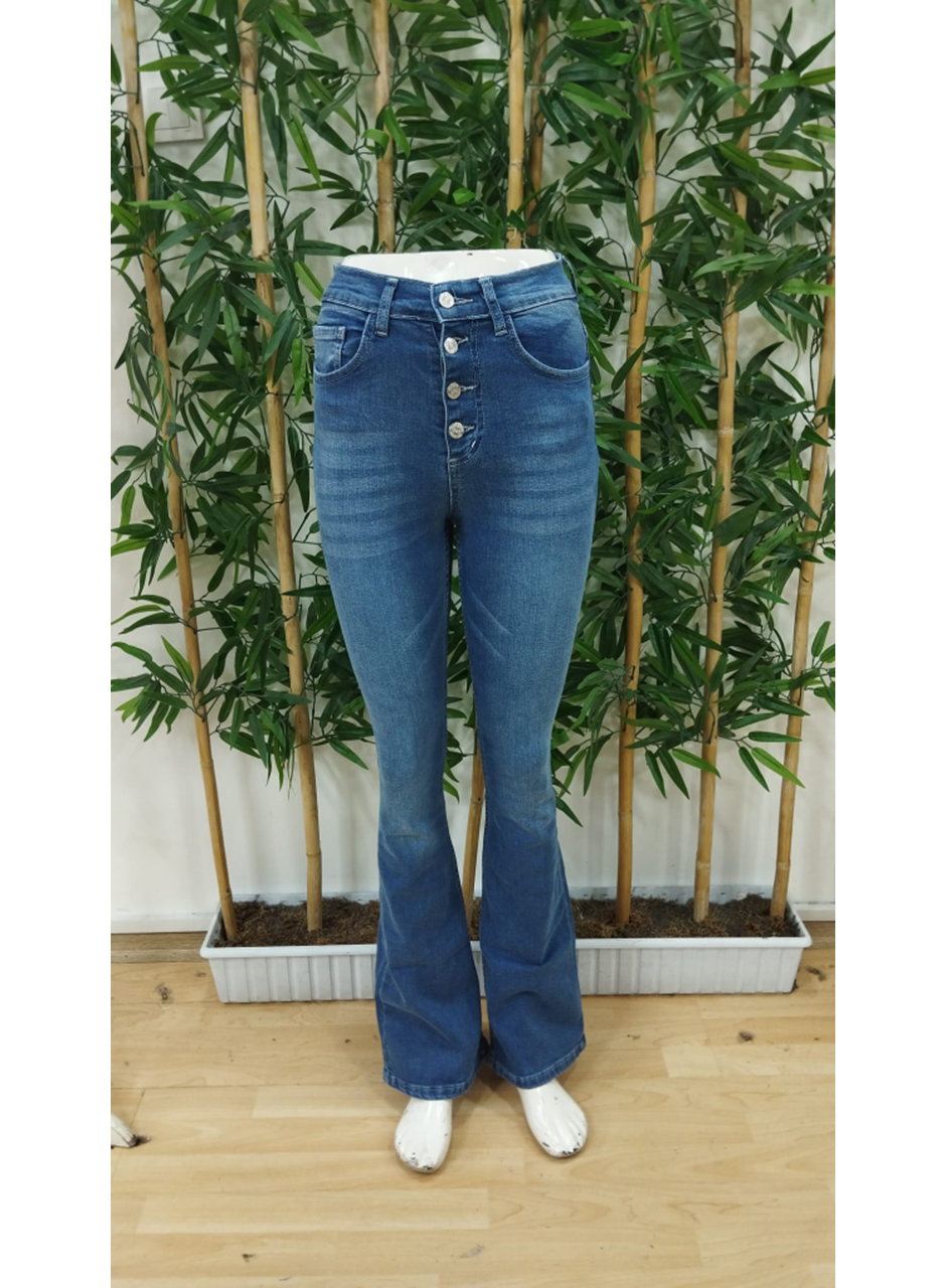 Kadın Yüksek Bel önden Düğmeli Cep Detay Ispanyol Paça Denim Pantolon