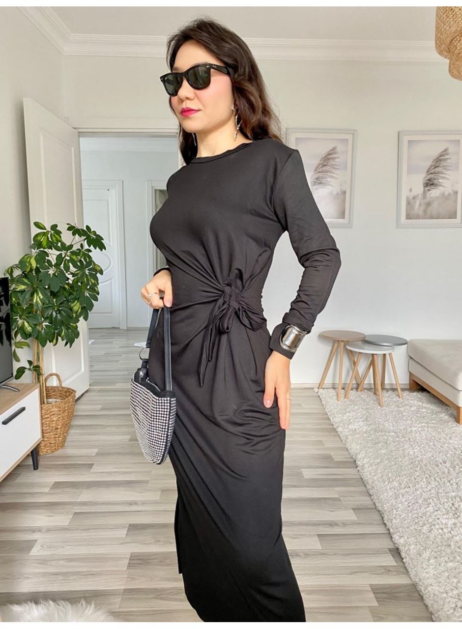 Kadın Uzun Kollu Bisiklet Yaka Belden çapraz Bağlamalı Yandan Yırtmaçlı Uzun Viskon Iki Iplik Elbise
