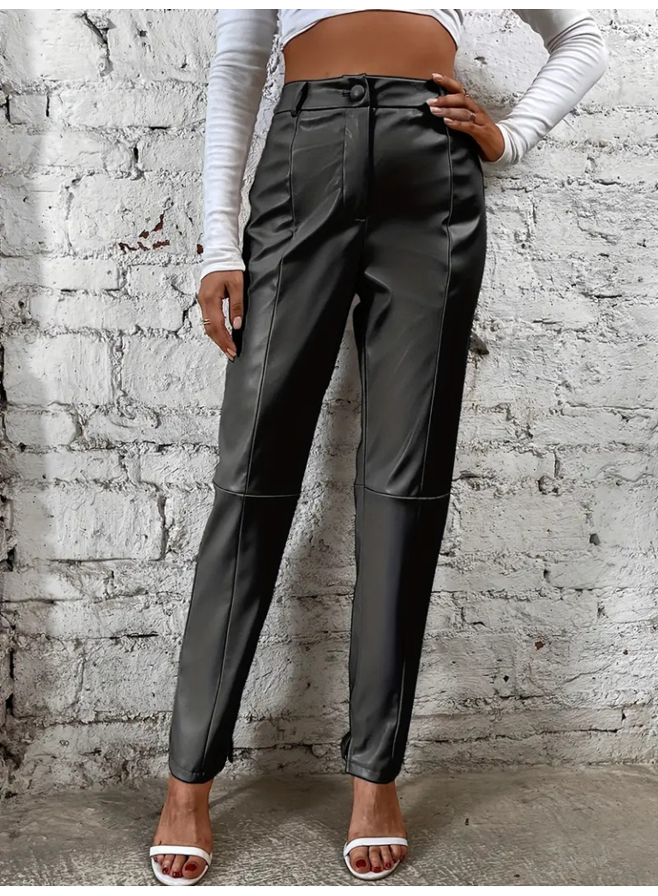 Kadın Yüksek Bel önden Düğmeli Deri Pantolon