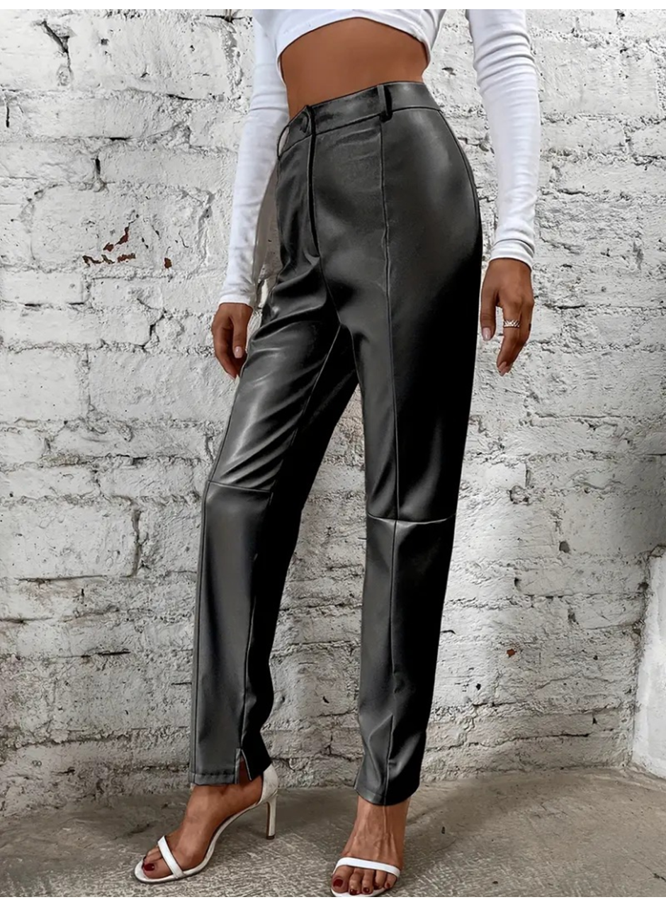 Kadın Yüksek Bel önden Düğmeli Deri Pantolon