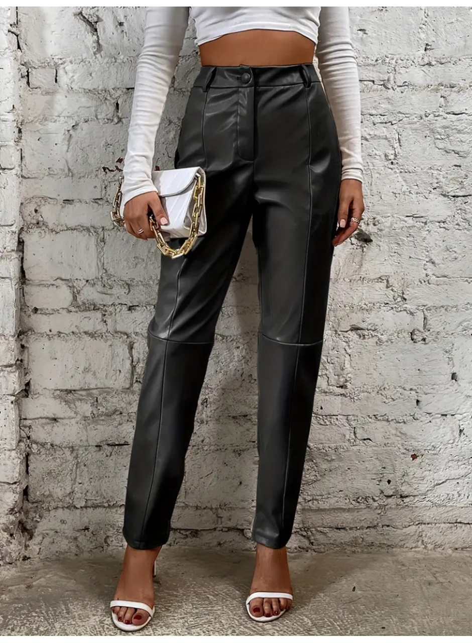 Kadın Yüksek Bel önden Düğmeli Deri Pantolon
