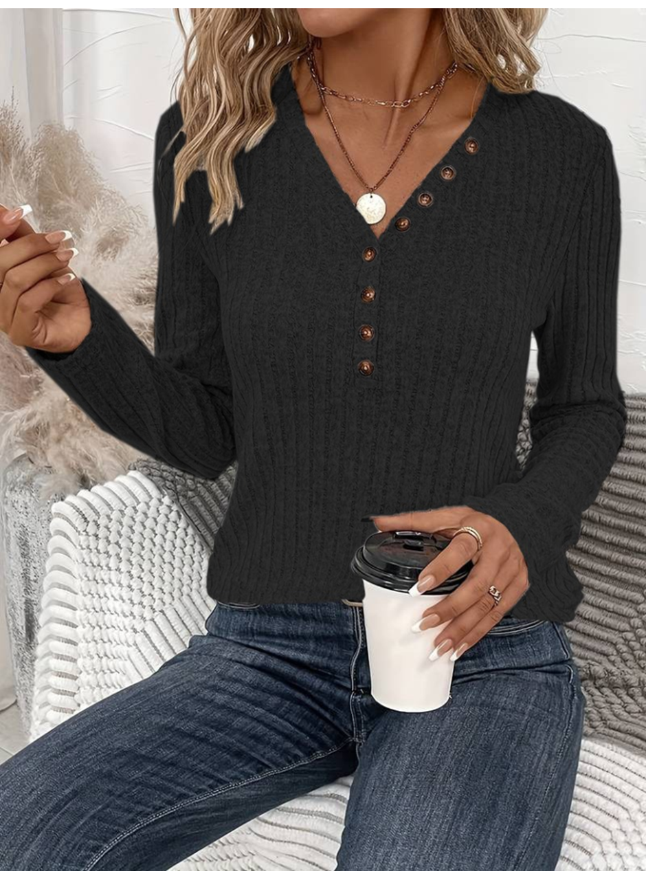 Kadın Uzun Kollu V Yakalı Düğmeli şardonlu Kaşkorse Bluz
