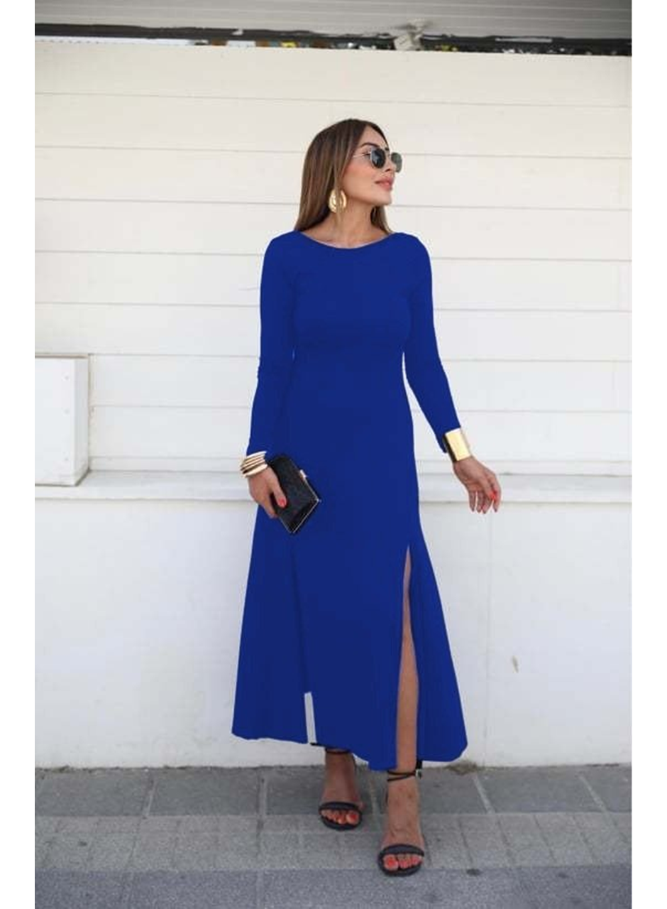 Kadın Uzun Kollu Hafif Kayık Yaka Sırt Dekolteli Yırtmaç Detaylı Viskon Tam Boy Elbise