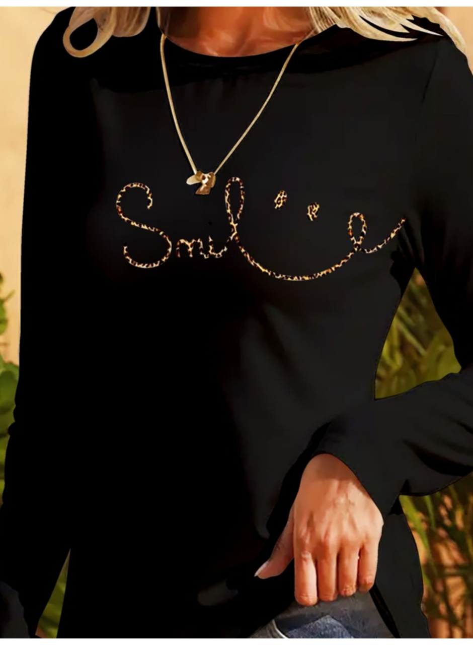 Kadın Uzun Kollu Bisiklet Yaka Gülümseyen Surat Desenli Viskon Bluz