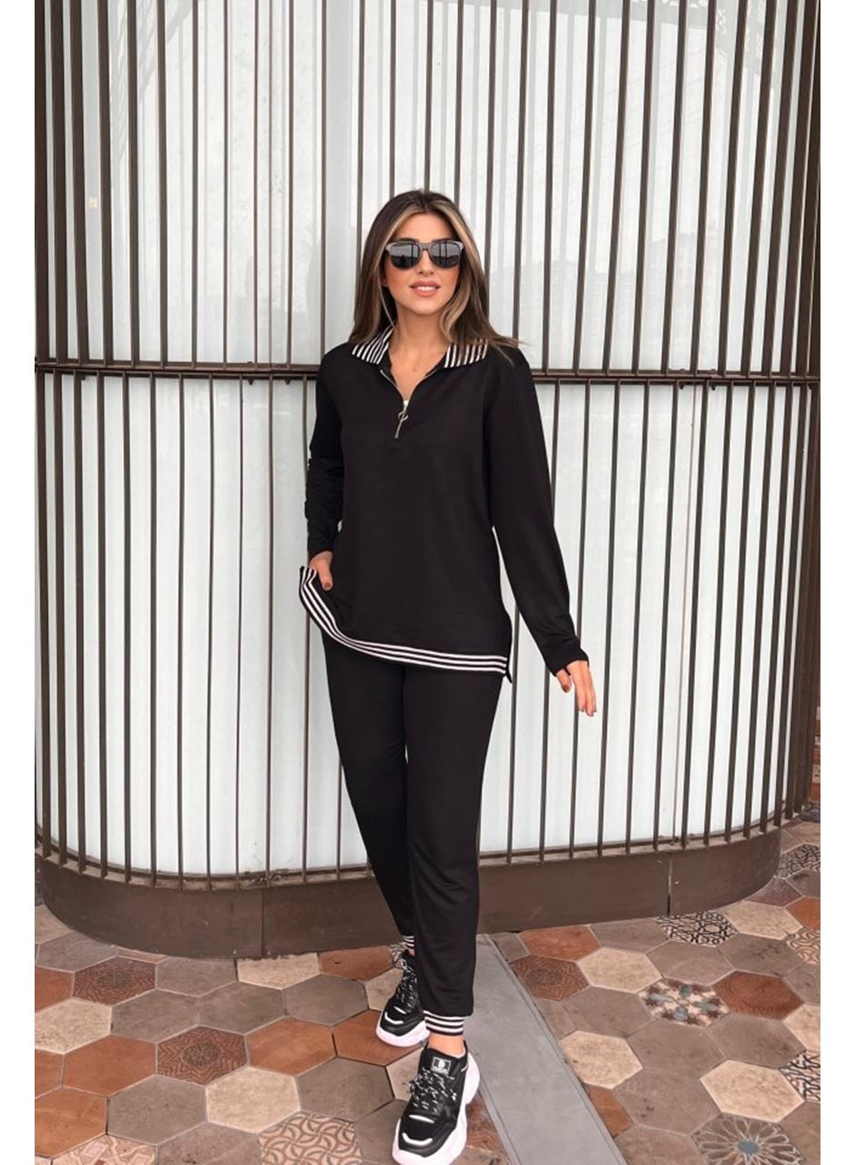 Kadın Uzun Kollu Ribana Ve Fermuar Detay Bluz Ve Yüksel Bel Pantolon 2li Takım