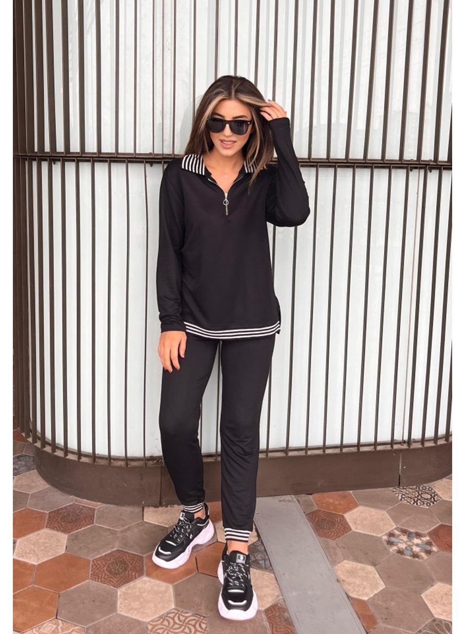 Kadın Uzun Kollu Ribana Ve Fermuar Detay Bluz Ve Yüksel Bel Pantolon 2li Takım