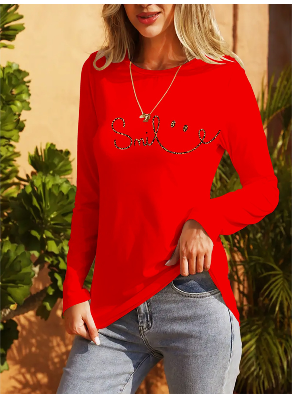 Kadın Uzun Kollu Bisiklet Yaka Gülümseyen Surat Desenli Viskon Bluz