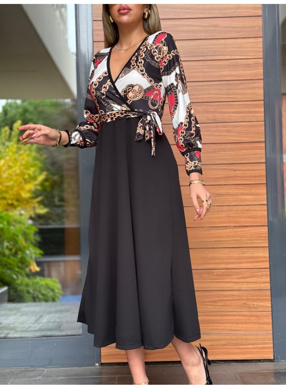 Kadın Uzun Kollu Kruvaze Yaka Dalgıç Krep Midi Boy Elbise