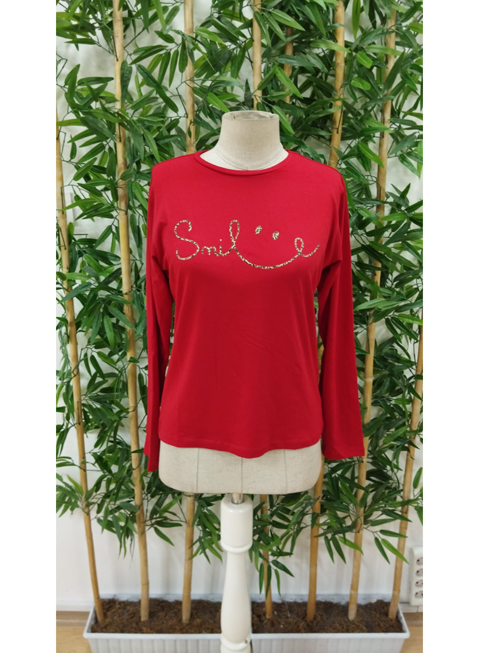 Kadın Uzun Kollu Bisiklet Yaka Gülümseyen Surat Desenli Viskon Bluz