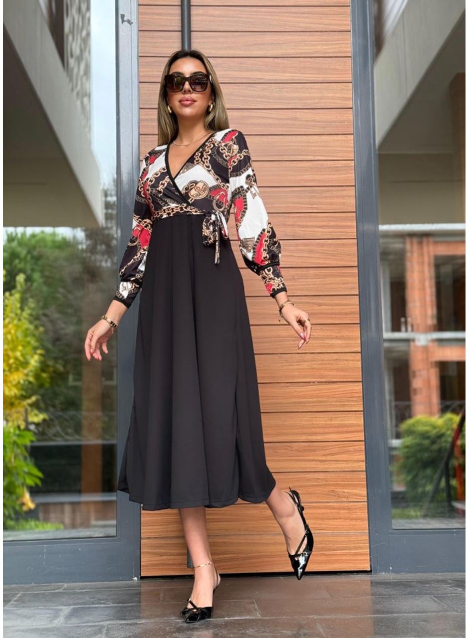 Kadın Uzun Kollu Kruvaze Yaka Dalgıç Krep Midi Boy Elbise