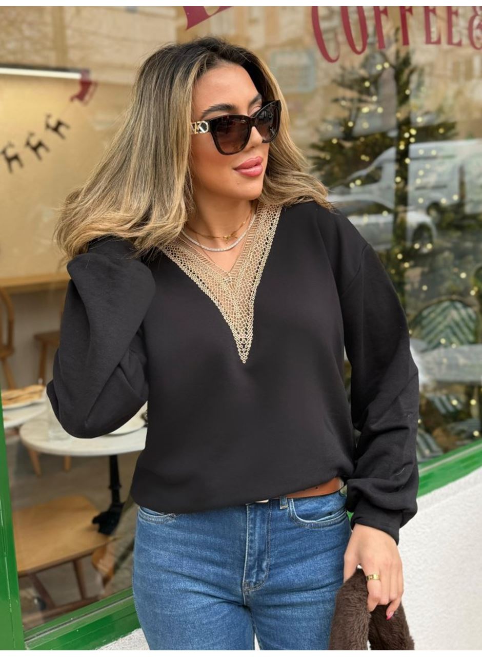 Kadın Uzun Kollu V Dantel Yaka şardonsuz üç Iplik Bluz
