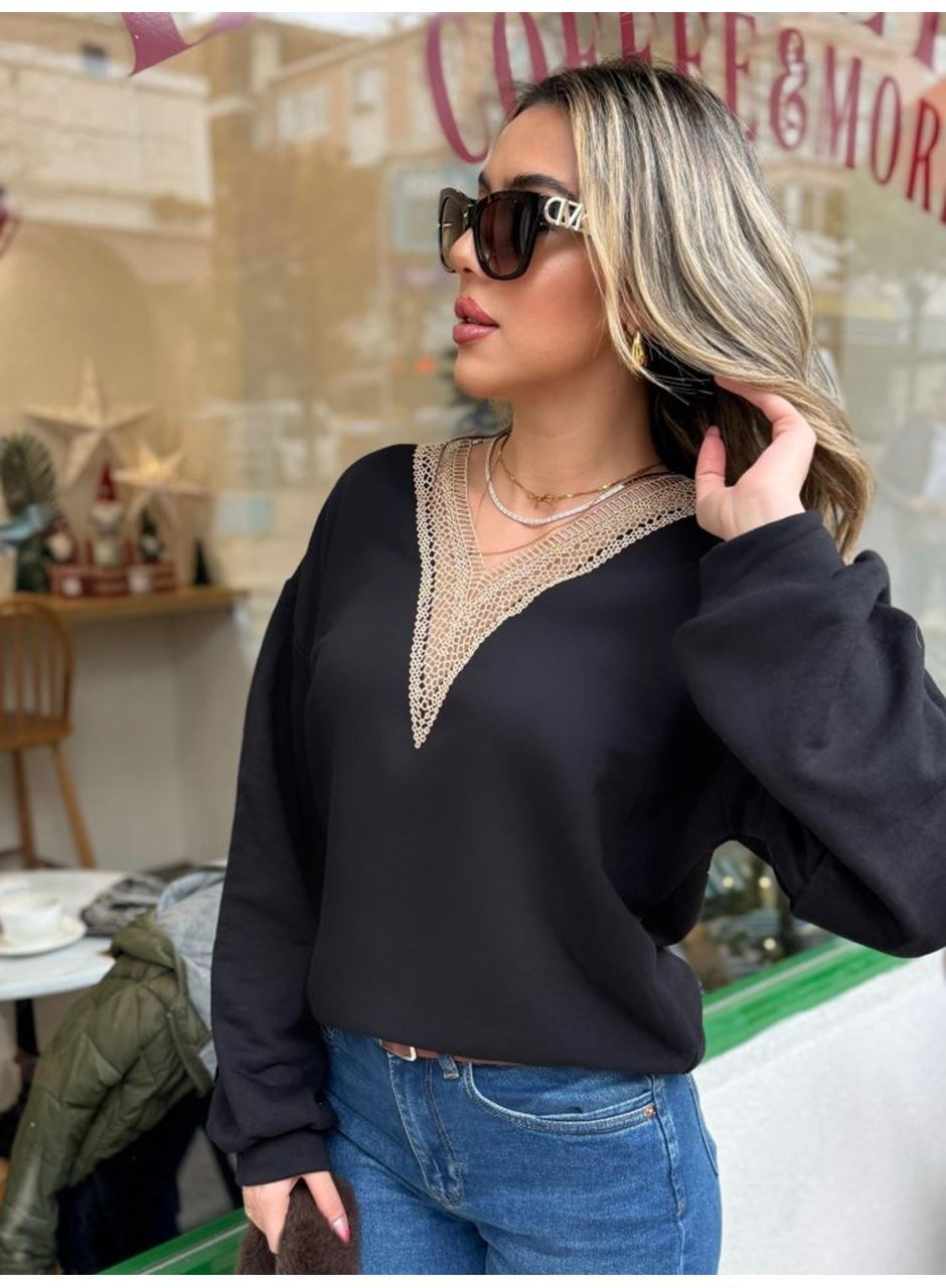Kadın Uzun Kollu V Dantel Yaka şardonsuz üç Iplik Bluz