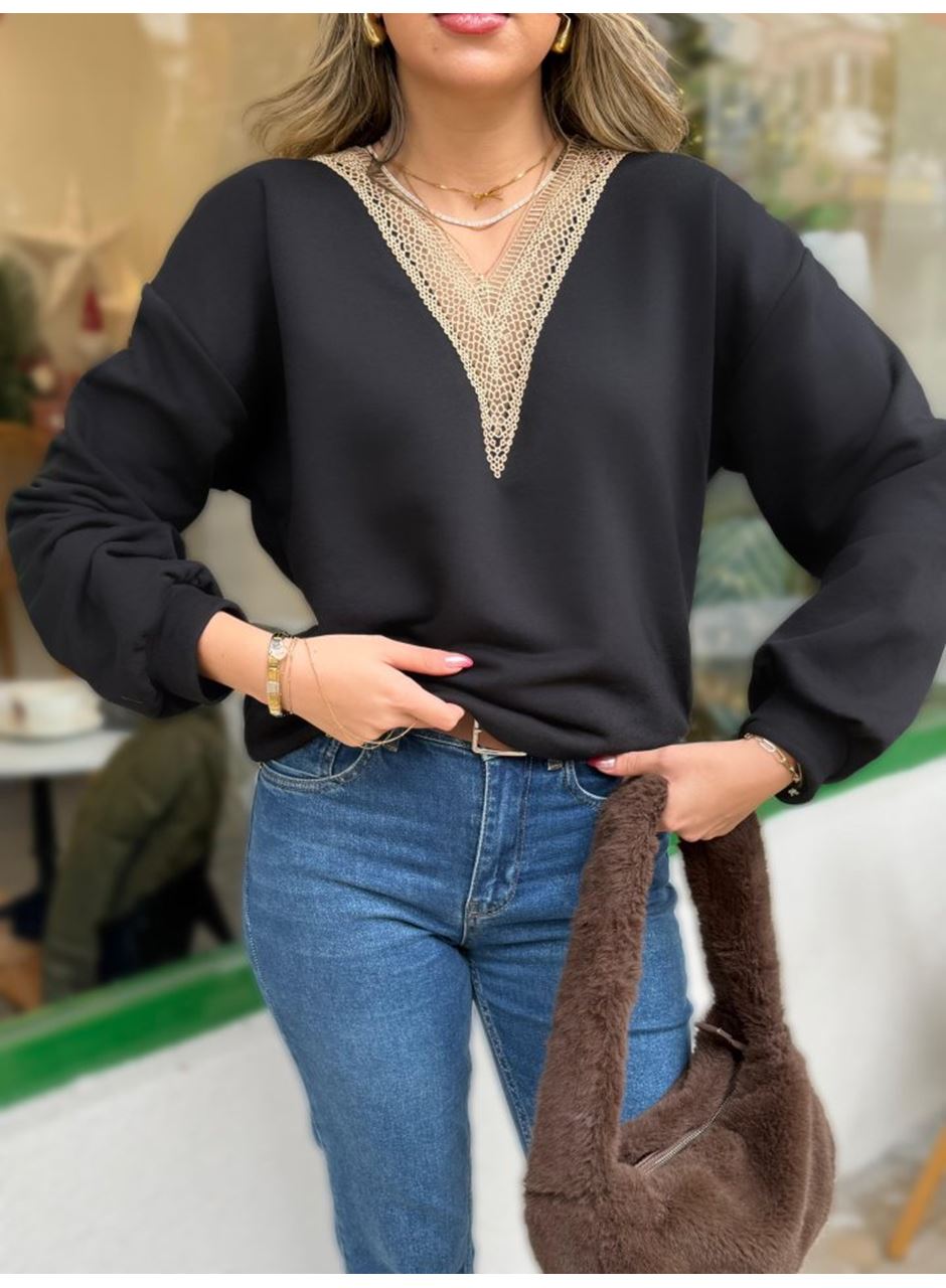 Kadın Uzun Kollu V Dantel Yaka şardonsuz üç Iplik Bluz