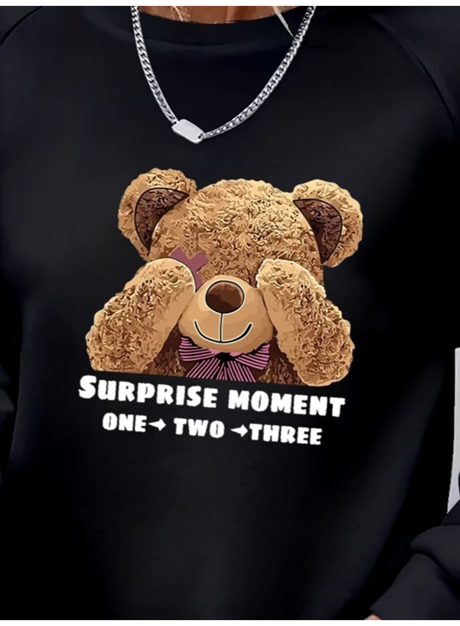 Kadın Uzun Kollu Bisiklet Yaka Ayıcık Desenli Viskon Iki Iplik Bluz