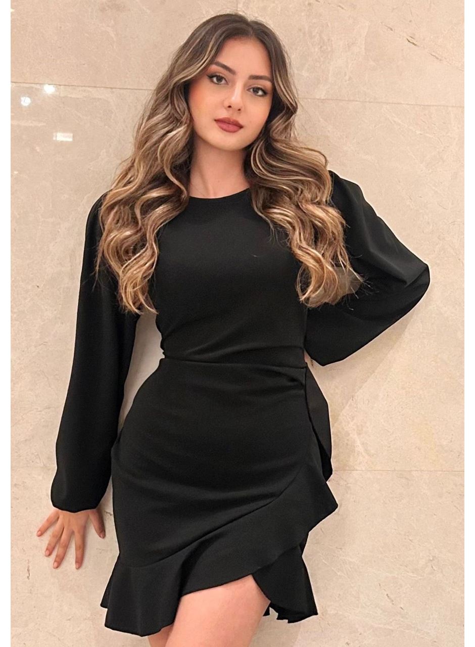 Kadın Uzun Kollu Bisiklet Yaka önden Volanlı Ithal Krep Elbise