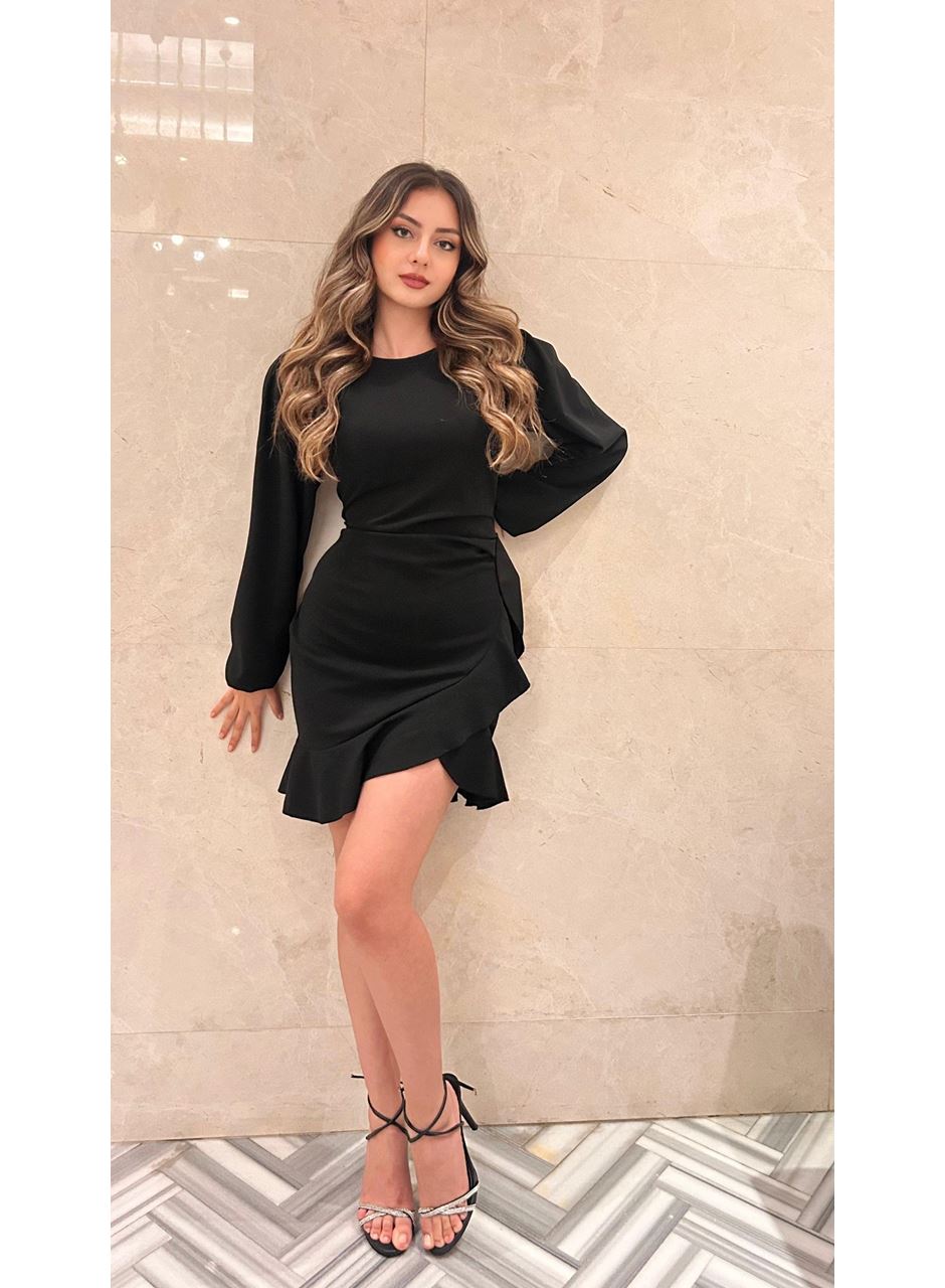 Kadın Uzun Kollu Bisiklet Yaka önden Volanlı Ithal Krep Elbise