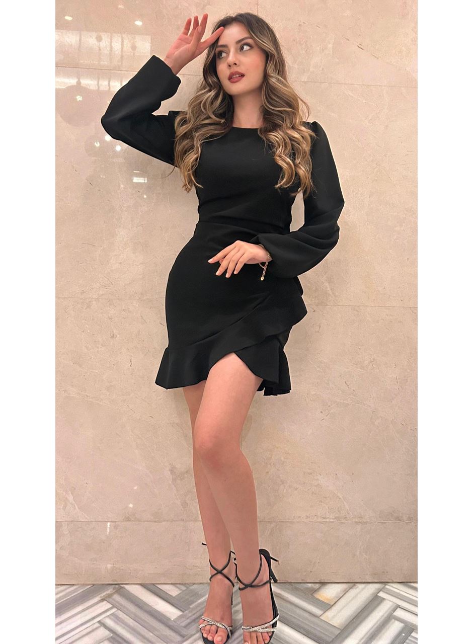 Kadın Uzun Kollu Bisiklet Yaka önden Volanlı Ithal Krep Elbise