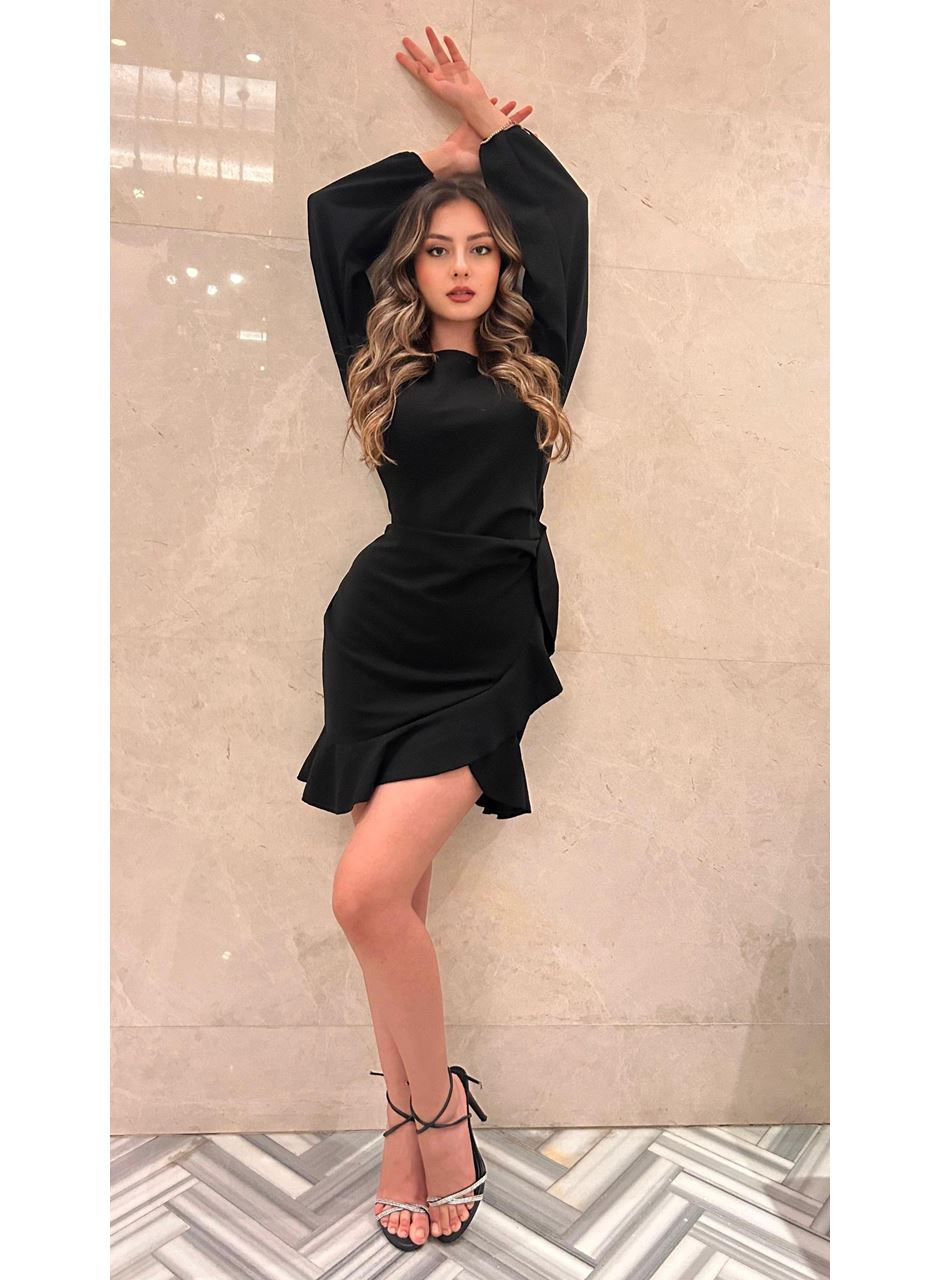 Kadın Uzun Kollu Bisiklet Yaka önden Volanlı Ithal Krep Elbise