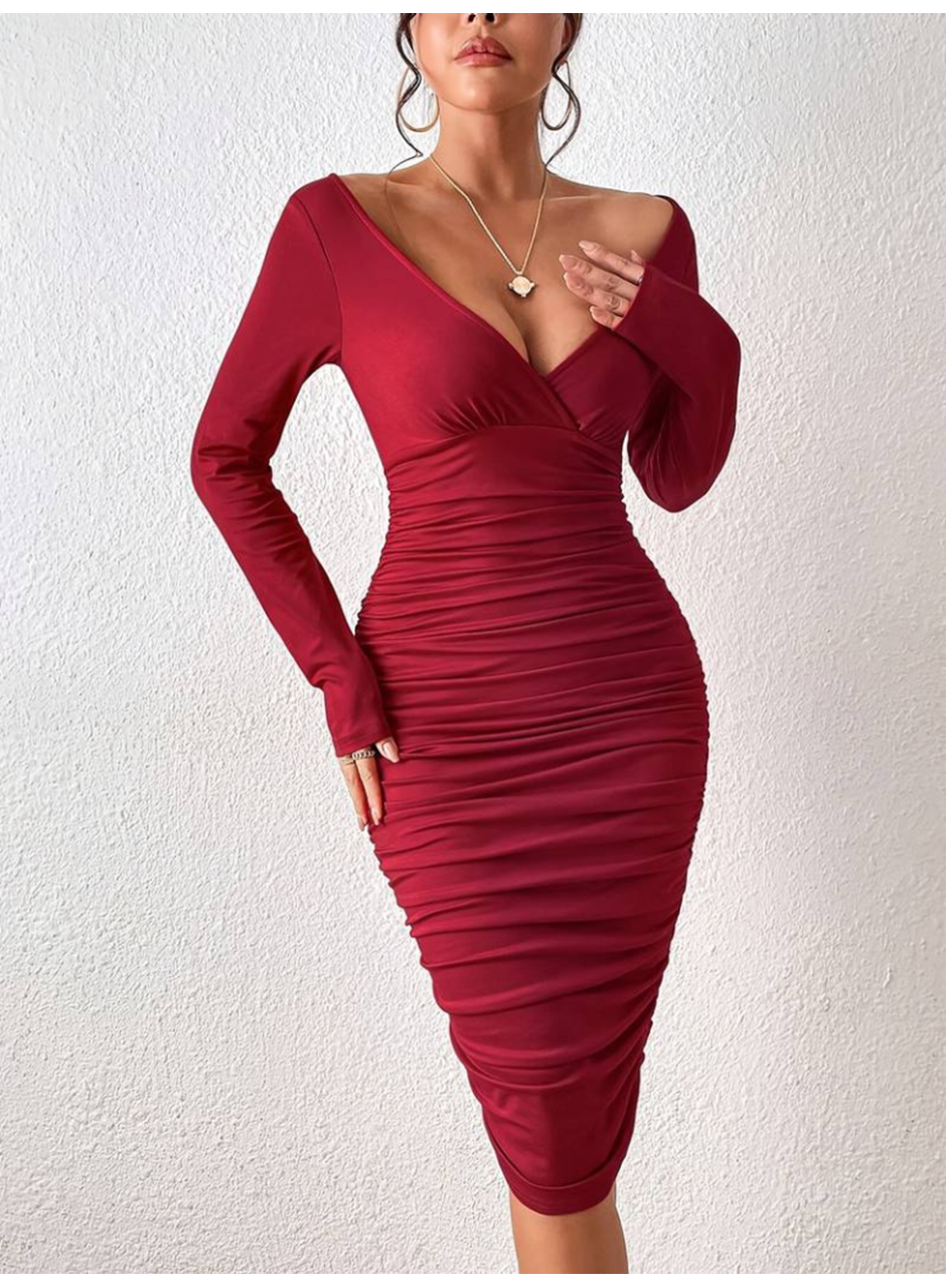 Kadın Uzun Kollu Derin Kruvaze Yakalı Büzgülü Sandy Midi Elbise