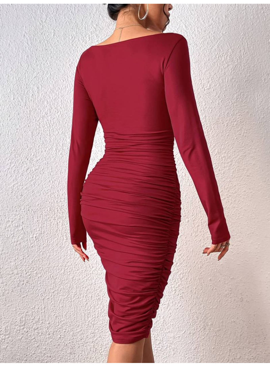 Kadın Uzun Kollu Derin Kruvaze Yakalı Büzgülü Sandy Midi Elbise