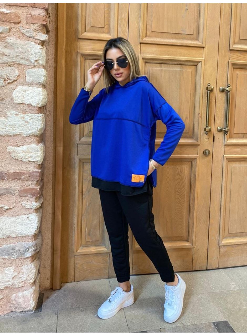 Kadın Kapşonlu Etek Ucu Detay Armalı Ters Dikiş Gorunumlu Ikili Takım