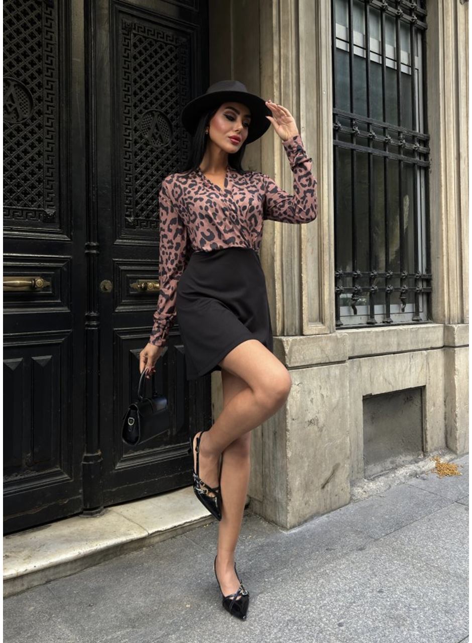 Kadın Uzun Kollu Kruvaze Yaka Krep Mini Boy Elbise