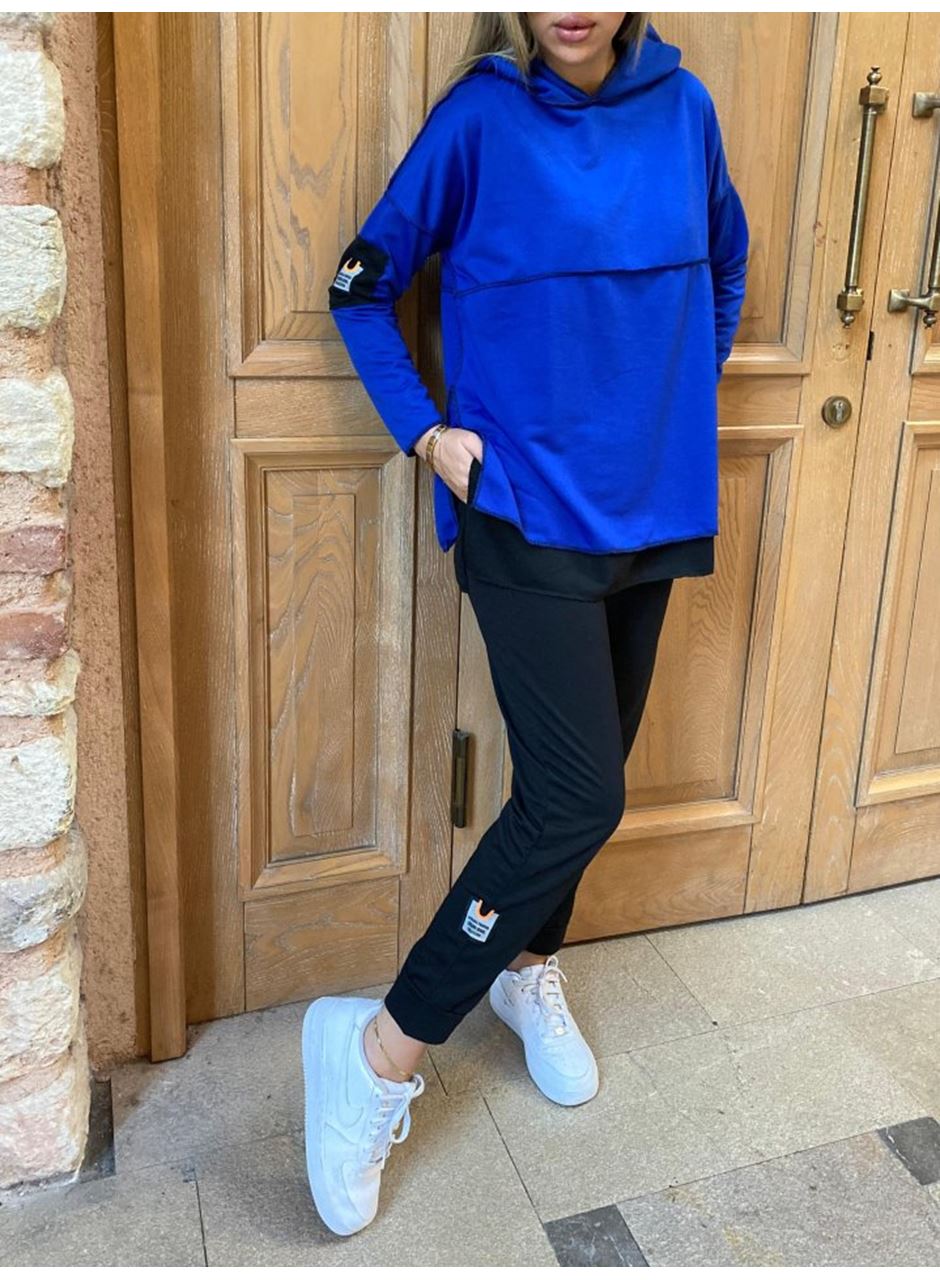 Kadın Kapşonlu Etek Ucu Detay Armalı Ters Dikiş Gorunumlu Ikili Takım