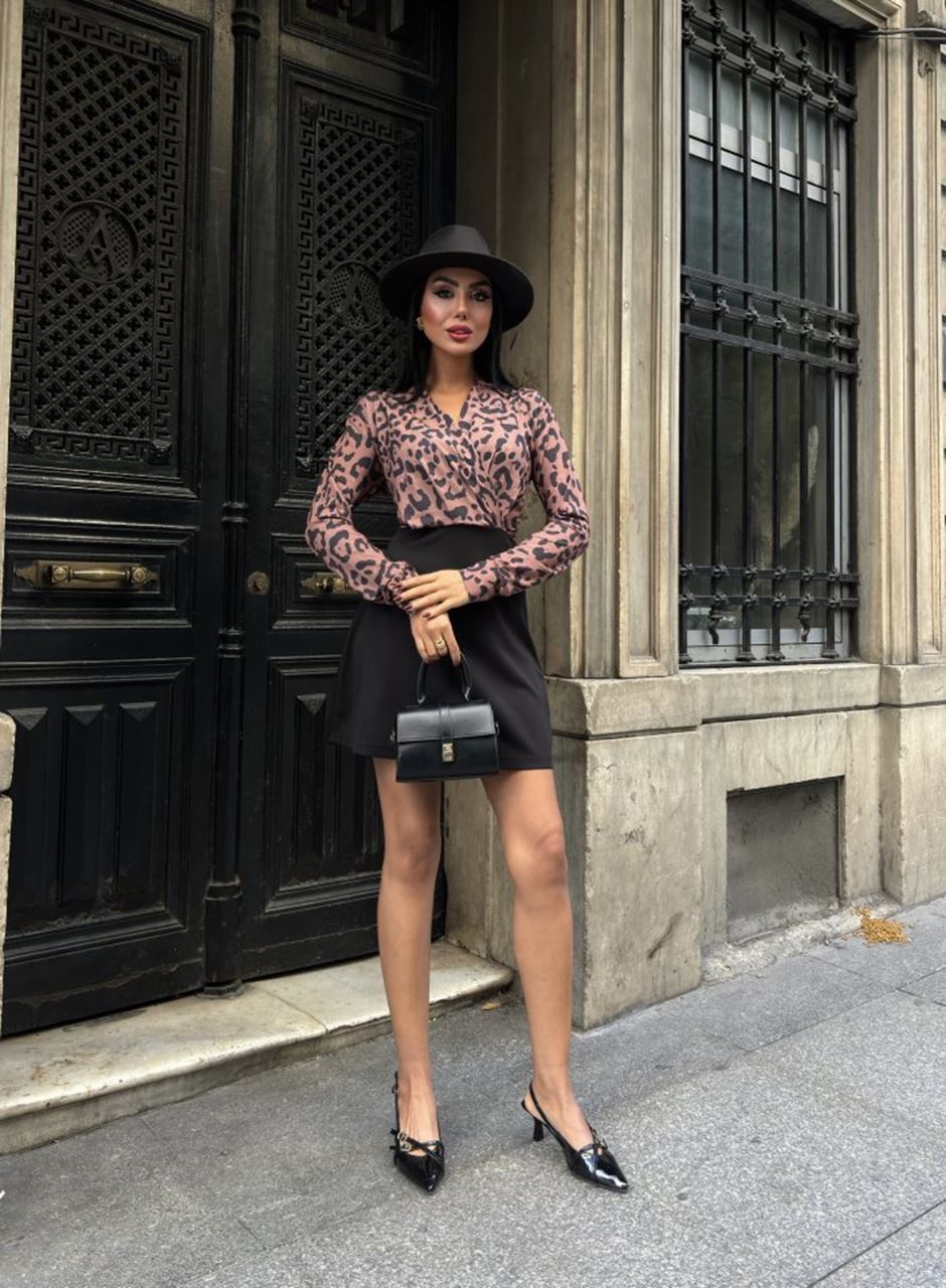 Kadın Uzun Kollu Kruvaze Yaka Krep Mini Boy Elbise