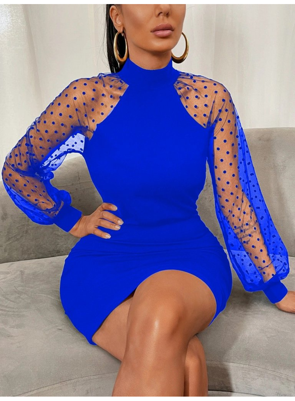 Kadın Uzun Kollu Kollar Tül Puantiye Detay Dalgıç Mini Boy Elbise