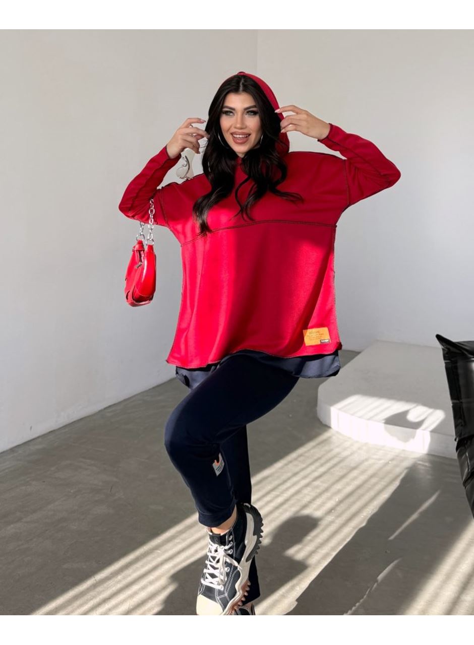 Kadın Kırmızı Kapşonlu Etek Ucu Detay Arma Ters Dikiş Gorunumlu Ikili Takım