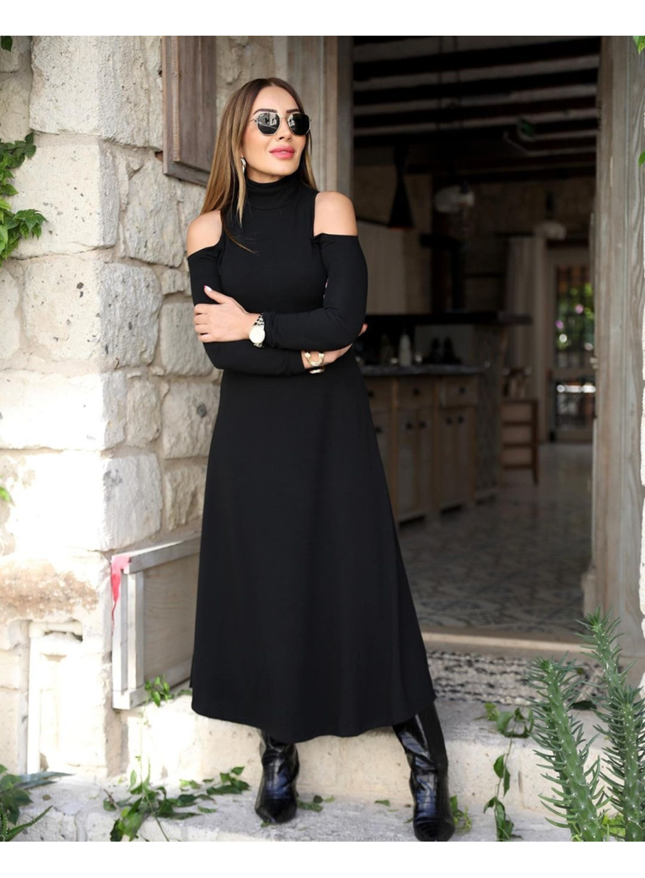 Kadın Balıkçı Yaka Omuzlardan Açık Uzun Kollu Janjan Krep Elbise