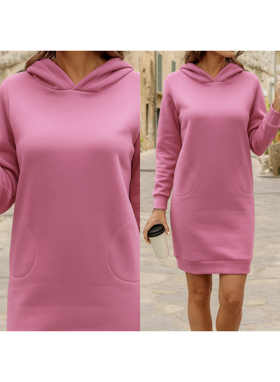 Kadın Uzun Kollu Kapşonlu Kısa Iki Iplik Elbise