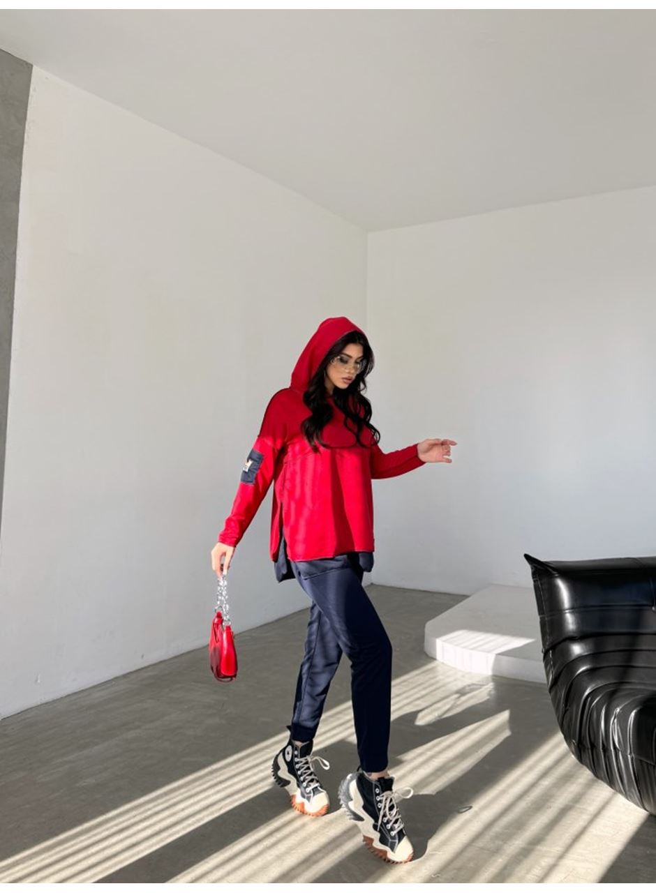 Kadın Kırmızı Kapşonlu Etek Ucu Detay Arma Ters Dikiş Gorunumlu Ikili Takım