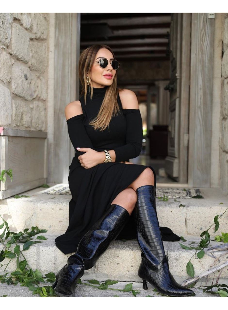 Kadın Balıkçı Yaka Omuzlardan Açık Uzun Kollu Janjan Krep Elbise