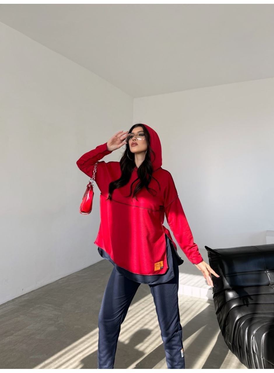 Kadın Kırmızı Kapşonlu Etek Ucu Detay Arma Ters Dikiş Gorunumlu Ikili Takım