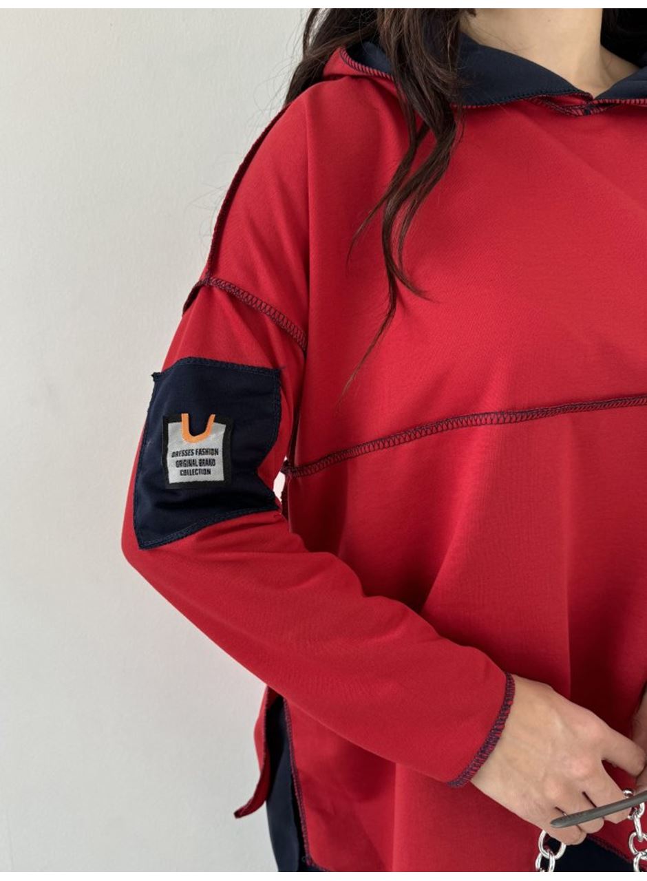 Kadın Kırmızı Kapşonlu Etek Ucu Detay Arma Ters Dikiş Gorunumlu Ikili Takım