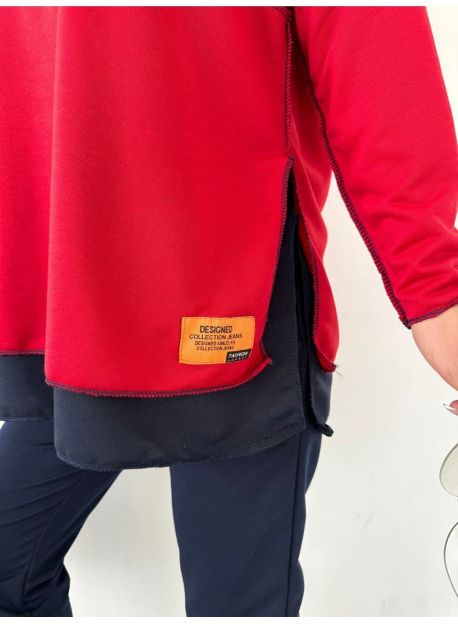 Kadın Kırmızı Kapşonlu Etek Ucu Detay Arma Ters Dikiş Gorunumlu Ikili Takım