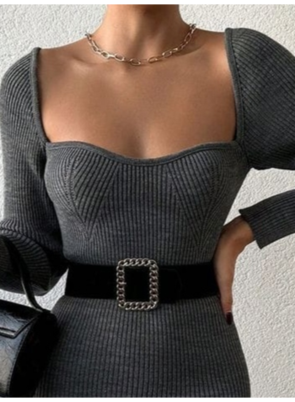 Kadın Uzun Kollu Yırtmaç Detay Triko Elbise