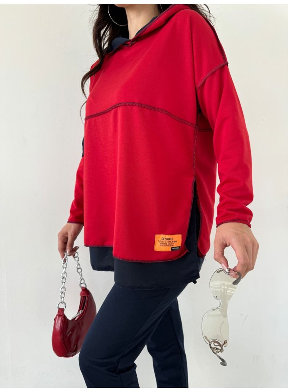Kadın Kırmızı Kapşonlu Etek Ucu Detay Arma Ters Dikiş Gorunumlu Ikili Takım