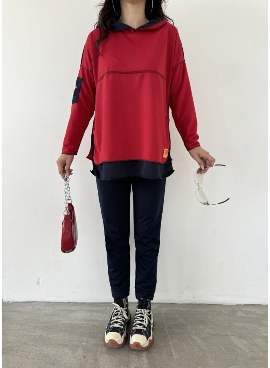 Kadın Kırmızı Kapşonlu Etek Ucu Detay Arma Ters Dikiş Gorunumlu Ikili Takım