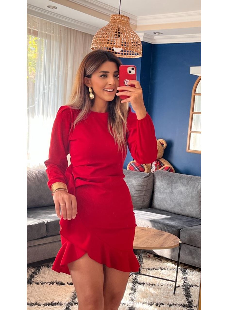 Kadın Uzun Kollu Bisiklet Yaka önden Volanlı Ithal Krep Elbise