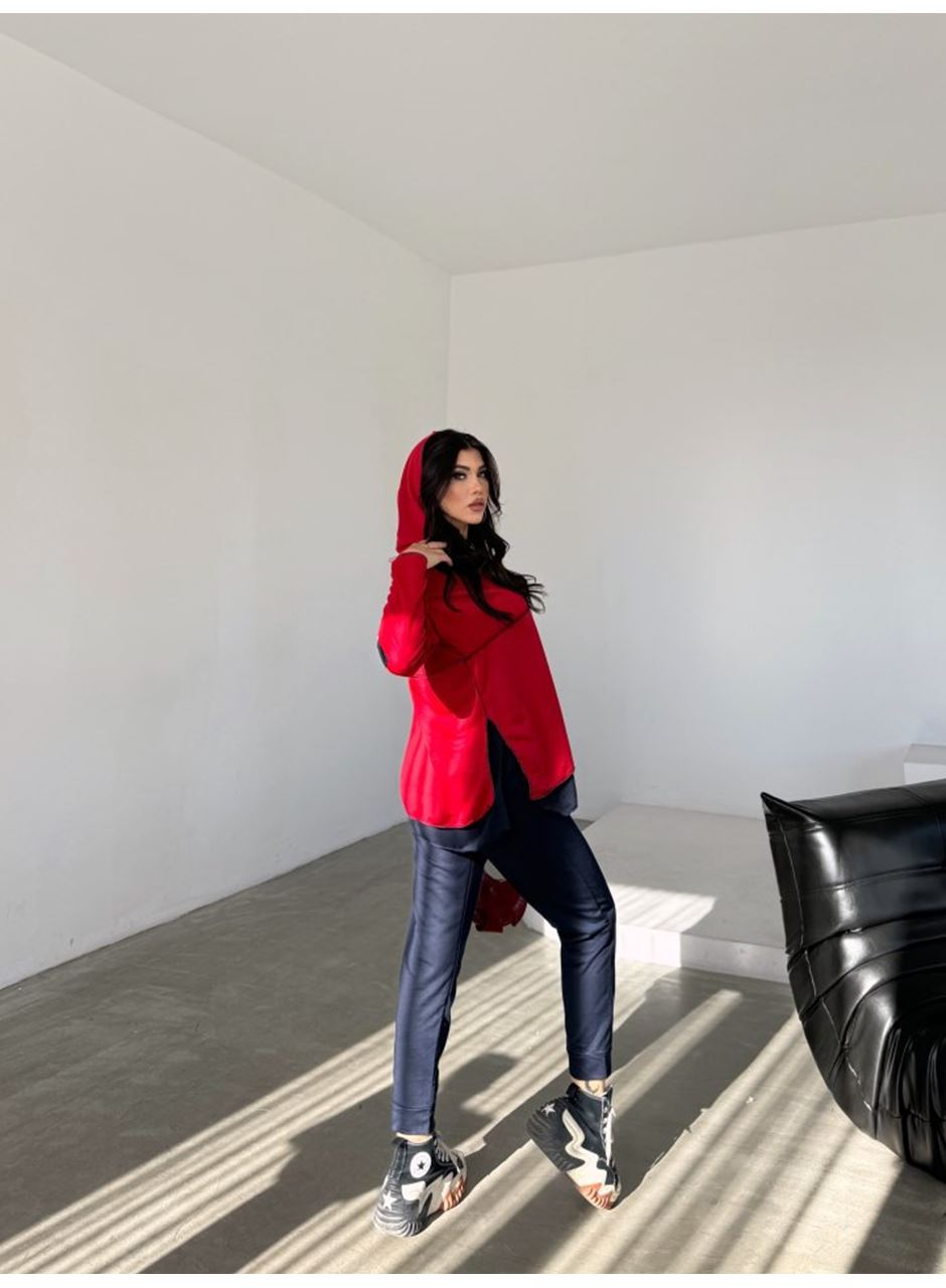 Kadın Kırmızı Kapşonlu Etek Ucu Detay Arma Ters Dikiş Gorunumlu Ikili Takım