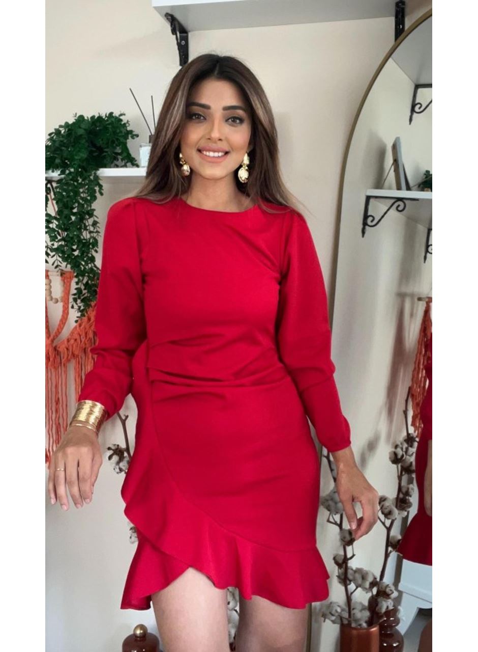 Kadın Uzun Kollu Bisiklet Yaka önden Volanlı Ithal Krep Elbise