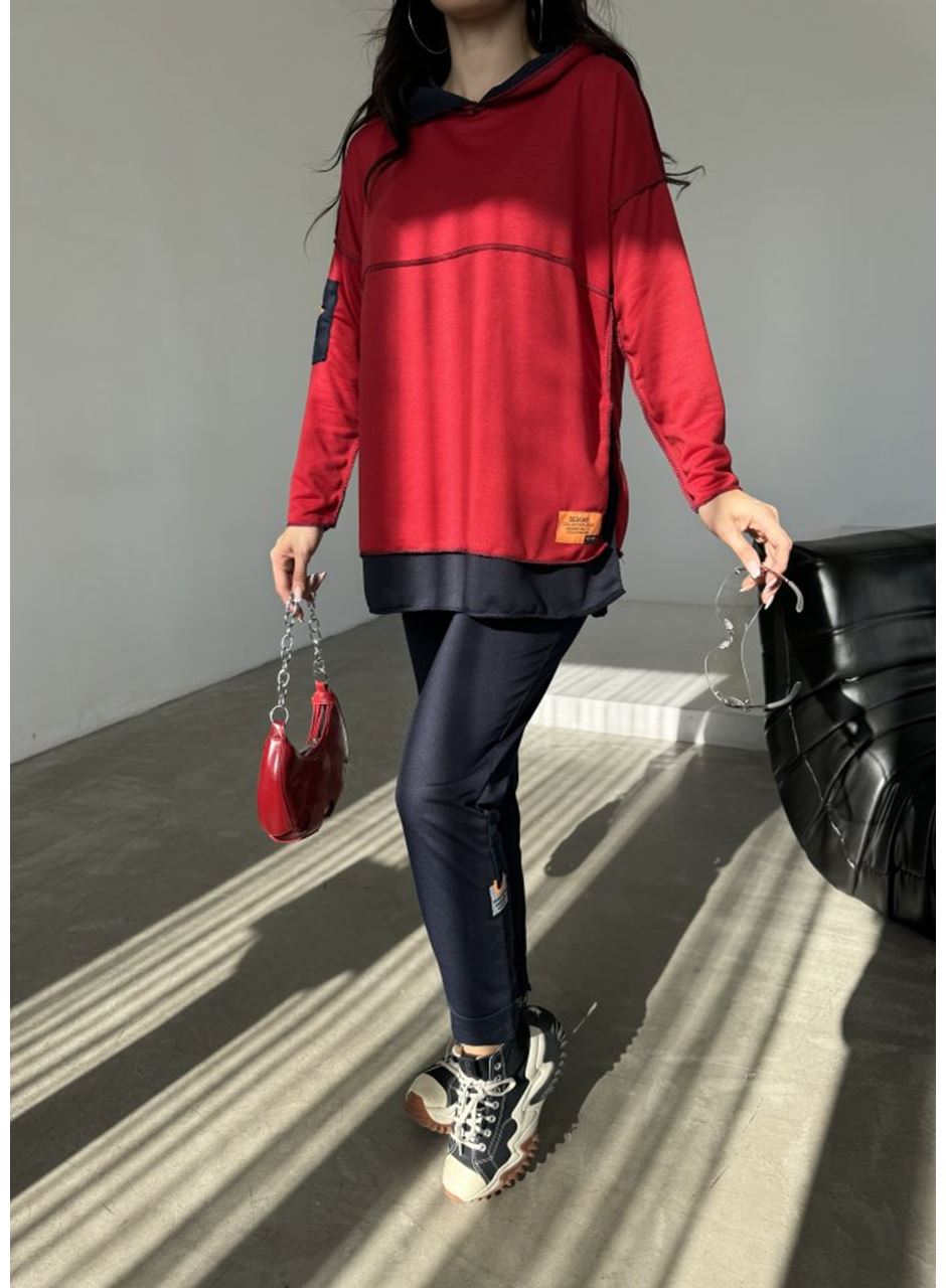 Kadın Kırmızı Kapşonlu Etek Ucu Detay Arma Ters Dikiş Gorunumlu Ikili Takım