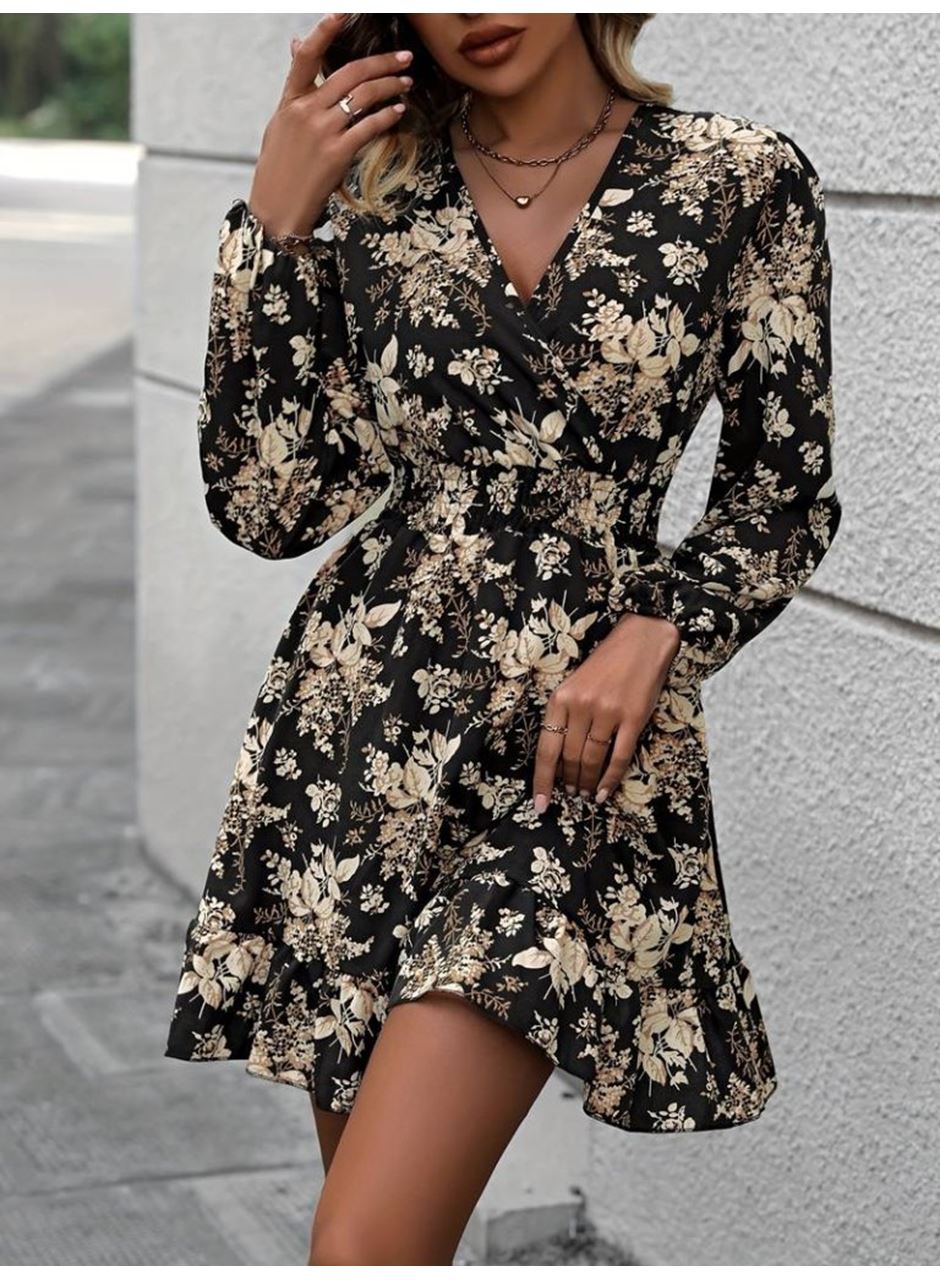 Kadın Uzun Kollu Kruvaze Yaka Beli Gipeli çiçek Desenli Kısa Dalgıç Elbise